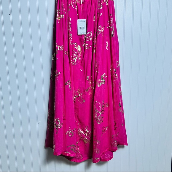 Free People Baja Babe Midi Dress Hot Pink Combo Metallic Gold XL Floral Cotton - Picture 11 of 14